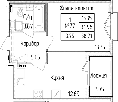 1-комнатная квартира 34.96 м², 4/4 эт., ЖК «Любоград в Стрельне»